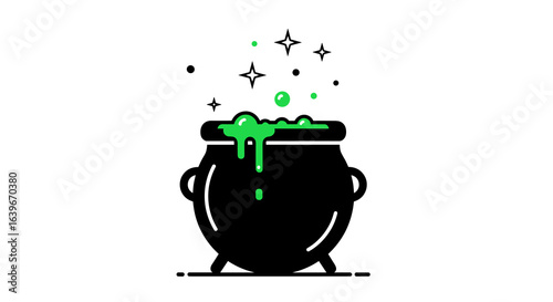 Witch's Cauldron with Green Potion and Bubbles, Halloween Illustration, Isolated on White Background
