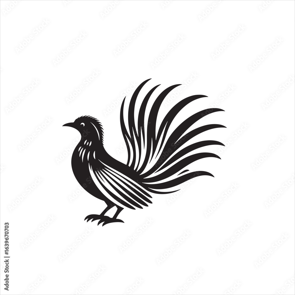 Fototapeta premium Elegant Lyrebird Bird Vector Silhouette Illustration Featuring Long Flowing Tail Feathers, Detailed Avian Shape, Perfect for Wildlife Art, Nature Designs, Logos, and Ornamental Decorative Graphic Proj