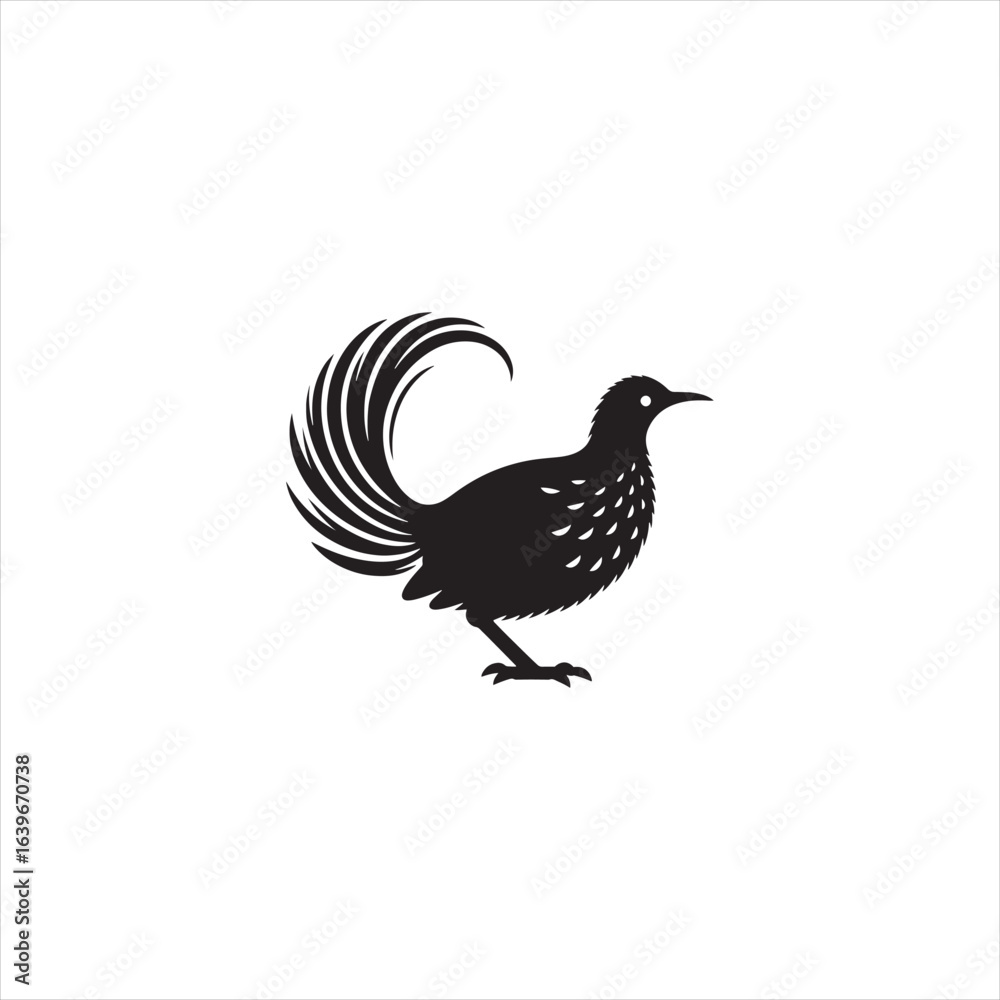 Fototapeta premium Elegant Lyrebird Bird Vector Silhouette Illustration Featuring Long Flowing Tail Feathers, Detailed Avian Shape, Perfect for Wildlife Art, Nature Designs, Logos, and Ornamental Decorative Graphic Proj