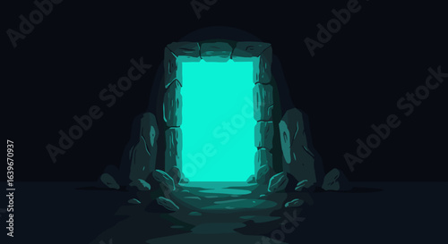 Mysterious portal opening dark cave digital art enigmatic atmosphere front view fantasy concept. Vector illustration