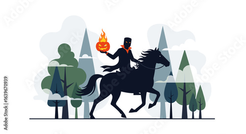 headless horseman riding through spooky forest at night with pumpkin head, silhouette vector art