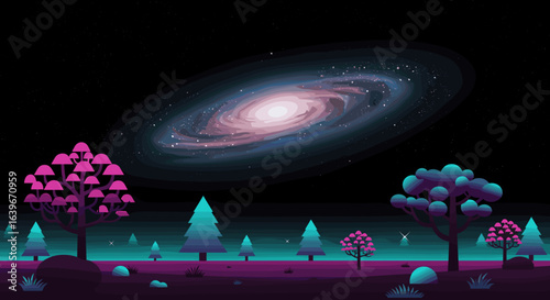 Galactic journey through the enchanted forest digital art cosmic landscape nighttime surreal concept. Vector illustration