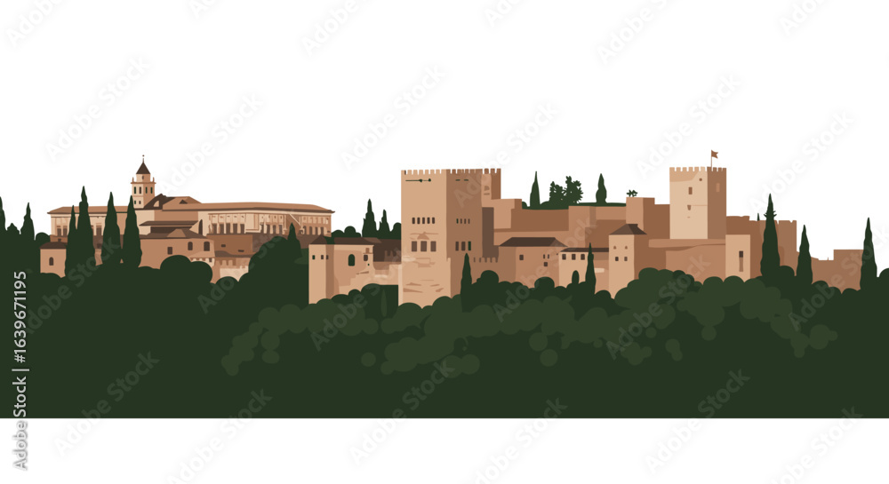 Fototapeta premium Majestic sunset over alhambra fortress granada digital illustration panoramic landscape serene environment captivating viewpoint. Vector illustration