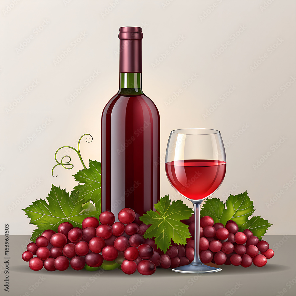 Obraz premium Elegant red wine bottle and glass with fresh grapes and leaves