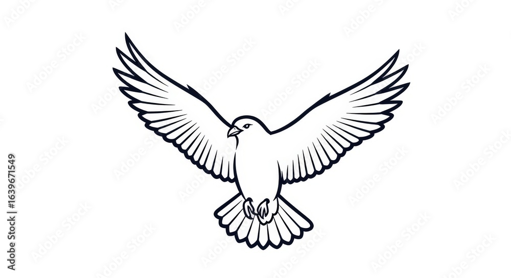 Fototapeta premium A simple black and white line art illustration of a dove flying with its wings fully spread.