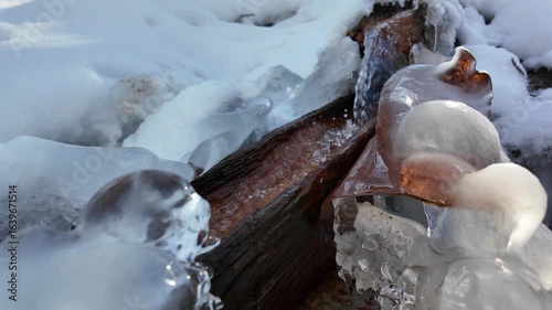 Falling water in a cold stream, frozen ice against the frozen ground
