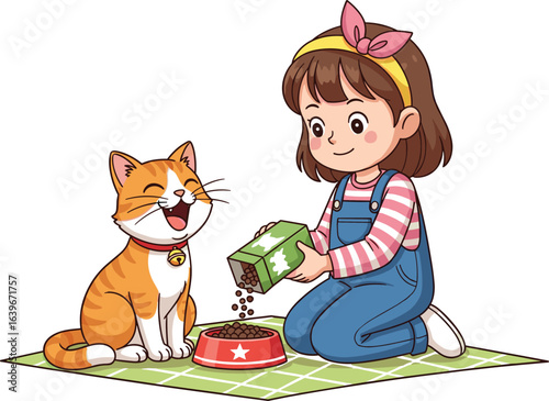 Adorable girl feeding happy cat with pet food, child and animal bonding, cute illustration for family, care, love, responsibility, happiness