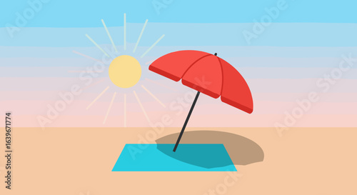 Relaxing day at the beach with a red umbrella sunny environment digital illustration. Vector illustration