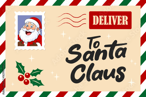 Christmas surprise letter, child postcard with postmark cachet. Postcard, letter, leaflet. Flat vector illustration.