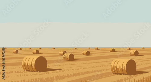 Harvesting season action in a golden wheat field landscape illustration calm environment panoramic view. Vector illustration
