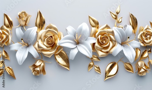 Fototapeta Naklejka Na Ścianę i Meble -  Floral decoration with gold roses and white lilies for wedding and celebration