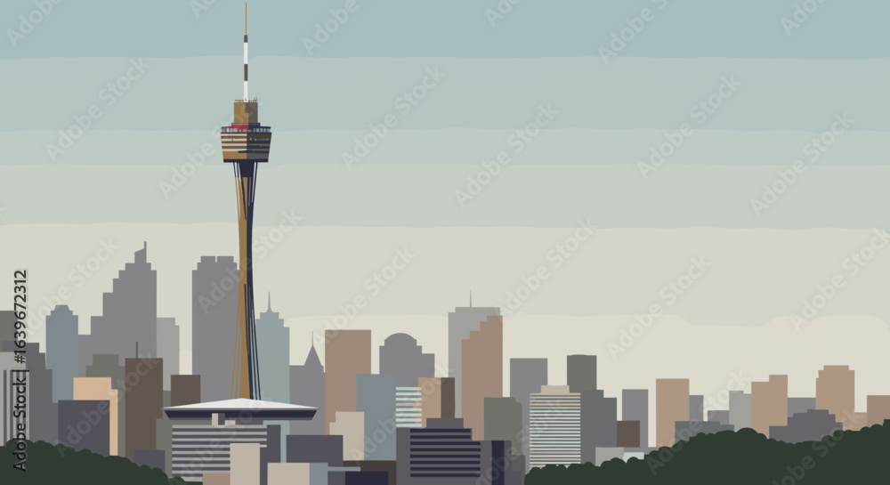Fototapeta premium Skyline panorama of sydney tower urban landscape digital art daytime aerial view cityscape concept. Vector illustration