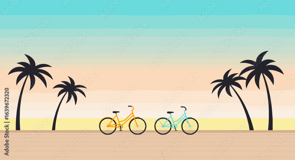 Fototapeta premium Bicycling adventure at sunset beach digital illustration calm environment aesthetic viewpoint. Vector illustration