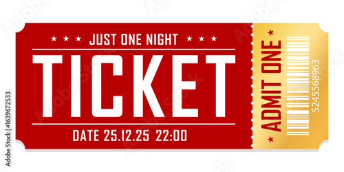 Luxury red and gold ticket and coupon template vector isolated. Useful for any festival, party, concert, cinema, birthday event, entertainment show