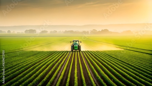 Tractor spraying crops in a vast green field at sunrise