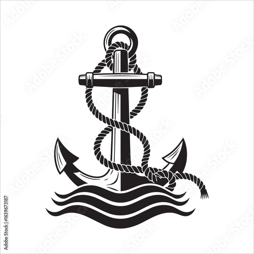 Vector art of vintage nautical anchor with rope isolated on white background