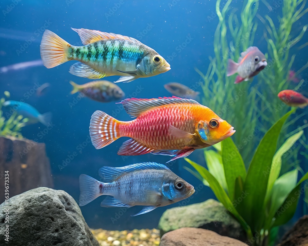 Fototapeta premium Vibrant freshwater aquarium fish swimming among lush green aquatic plants and rocks