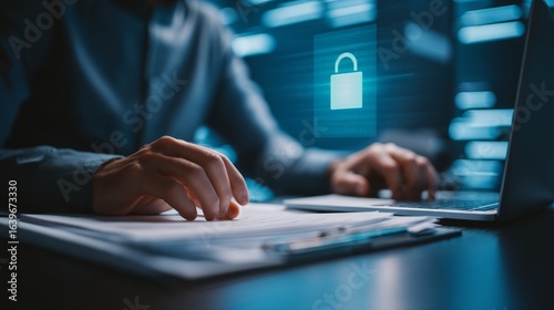 Person interacting with encrypted documents in secure digital environment symbolizing data privacy and cybersecurity in office workspace