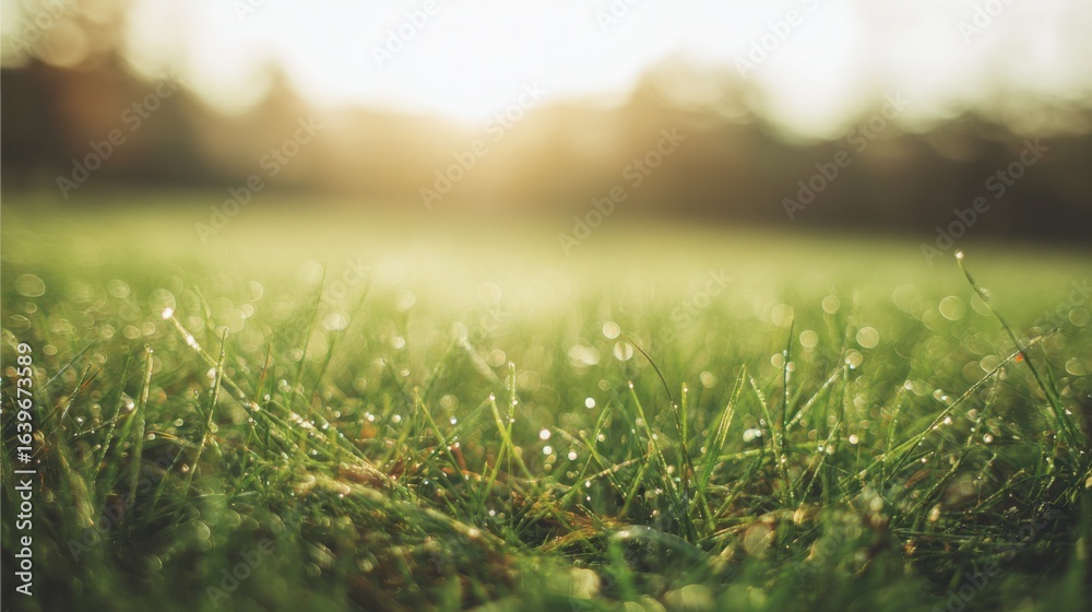 Naklejka premium A tranquil sunrise over a lush green field, dewdrops glistening like tiny jewels in the morning light.