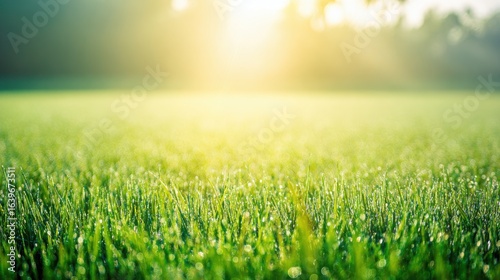 A tranquil sunrise over a lush green field, dewdrops glistening like tiny jewels in the morning light.