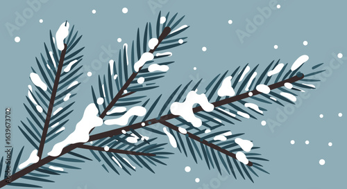Winter wonderland snowy pine branches in a frosty landscape nature illustration tranquil environment. Vector illustration