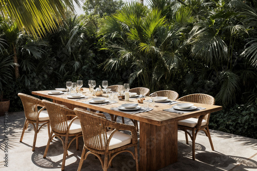 Luxury outdoor dining area with teak furniture and tropical landscape in Bali villa