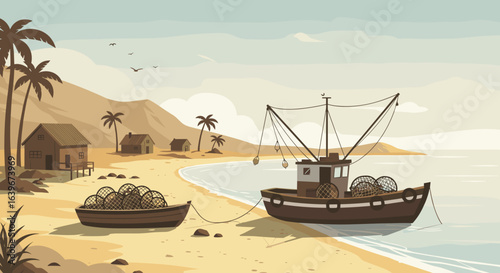 Fishing boat anchored at serene beach coastal village illustration tranquil environment panoramic view maritime concept. Vector illustration