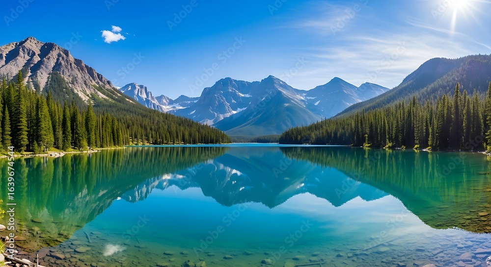 Fototapeta premium Serene Mountain Lake Reflection Surrounded by Lush Forest and Majestic Peaks for Travel, Tourism, and Nature Enthusiasts to Showcase Beautiful Landscapes