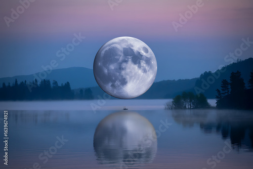 Photo of a full moon reflecting on a serene lake at twilight, with mist and trees creating a dreamy and tranquil landscape in the quiet of the night