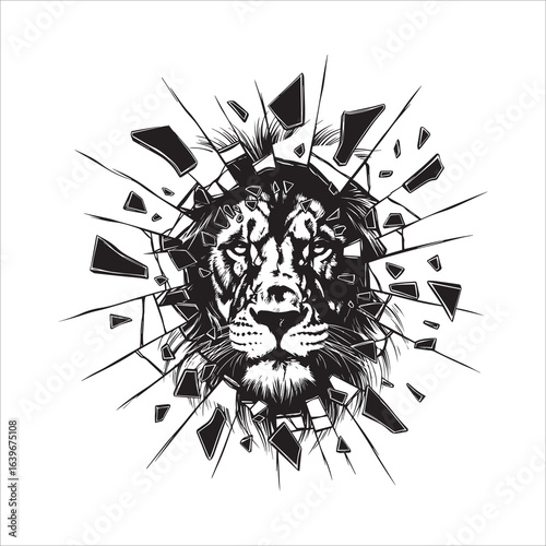 Vector art of lion head breaking through glass isolated on white background