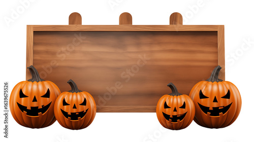 Spooky Halloween pumpkins grinning beside a wooden sign with space for your message, perfect for fall festivals or a fun autumn celebration invitation