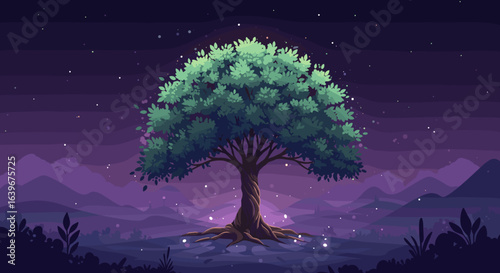 Nighttime tree beauty surreal landscape digital art tranquil environment dreamy viewpoint. Vector illustration