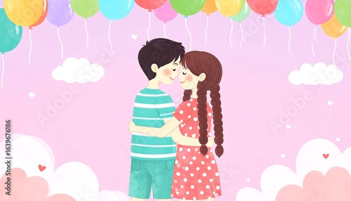 Affectionate couple kissing in illustration style