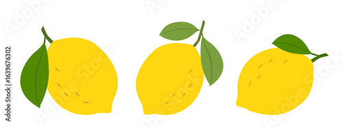 Set of yellow lemon with leaves flat stock vector illustration.
Fresh fruit agricultural products element.
White background.