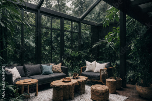 Contemporary jungle retreat living room with eco furniture  large open windows  and dark wood