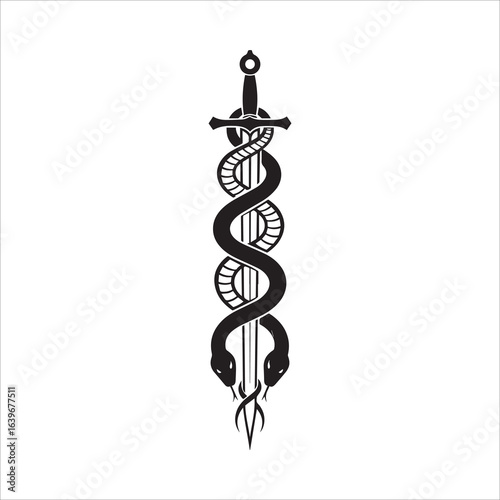 Illustration of a snake wrapped around a sword isolated on white background