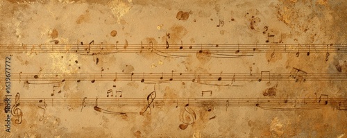 Aged sheet music with musical notes on a vintage, textured background evokes a sense of classical nostalgia and artistic history.