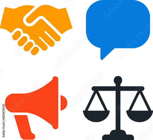 Vector illustration of a set of icons depicting the scales of justice, law, and business for a concept of balance and equality