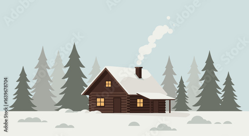 Cozy winter cabin scene with snow forest background digital illustration peaceful atmosphere. Vector illustration