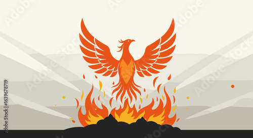 Phoenix rising from ashes mythical illustration vibrant fire digital art abstract concept. Vector illustration