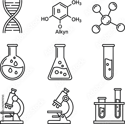 Science lab icons, chemical equipment symbols, DNA, molecule structure, test tubes, beakers, microscope, scientific research, laboratory tools illustration