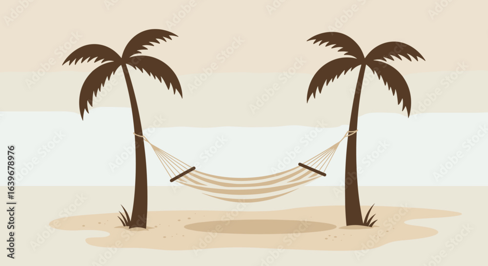 Fototapeta premium Relaxing hammock between palm trees tropical beach digital illustration calm environment aerial view serenity concept. Vector illustration