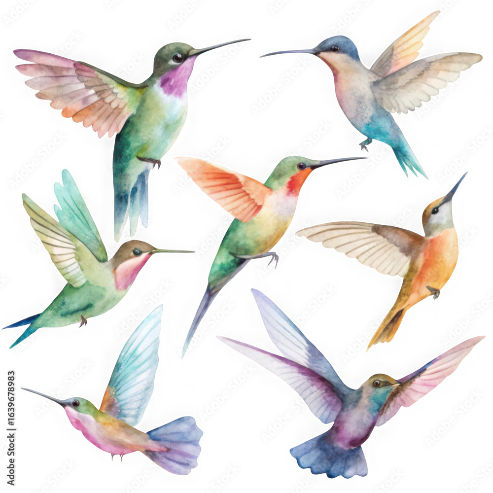 Fototapeta premium Collection of watercolor hummingbirds in flight isolated on transparent background
