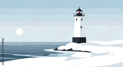 Lighthouse standing tall amidst snowy shoreline winter landscape digital artwork coastal serenity aerial view tranquil escape. Vector illustration