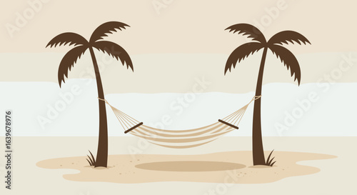 Relaxing hammock between palm trees tropical beach digital illustration calm environment aerial view serenity concept. Vector illustration