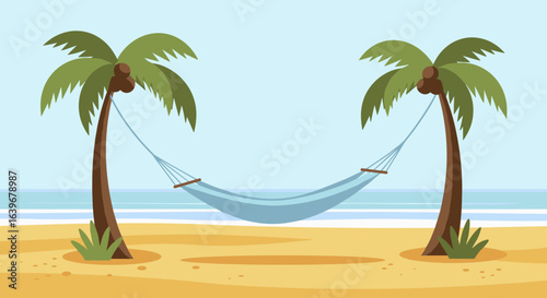 Relaxing in a hammock tropical beach digital illustration calm environment aerial view serenity concept. Vector illustration