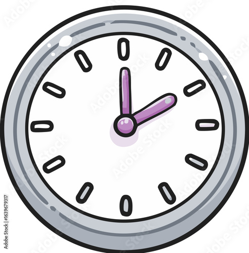 Cartoon Wall Clock Showing Two O'Clock with Silver Frame and Purple Hands, Indicating Time