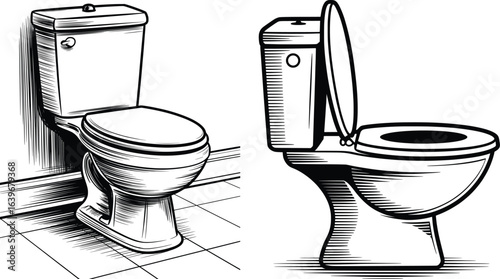 Black and White Toilet Illustrations, Closed and Open Seat Bathroom Clipart.
