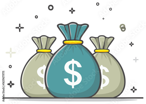 Three money bags with dollar signs and sparkling effects representing wealth