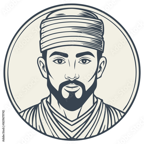 Classic line art illustration of a man with a beard and turban in a circular emblem